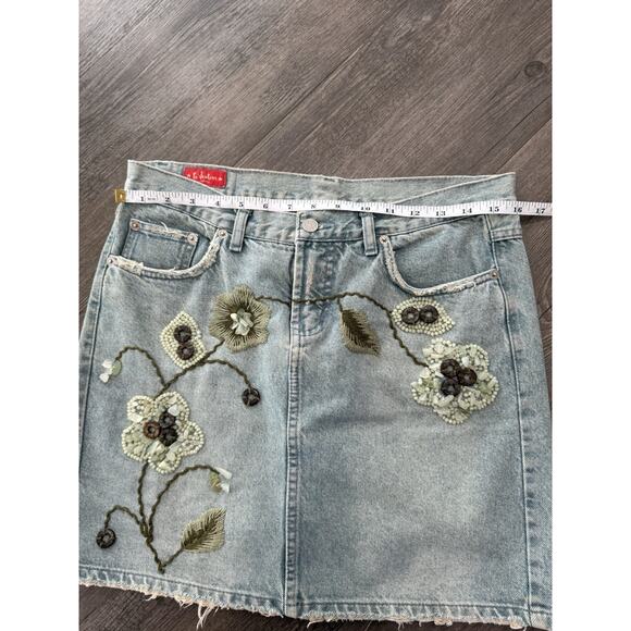 Le Jealous Vintage Denim Skirt Y2K Beaded Floral 42 Large Boho Hippie Festival - Picture 8 of 9
